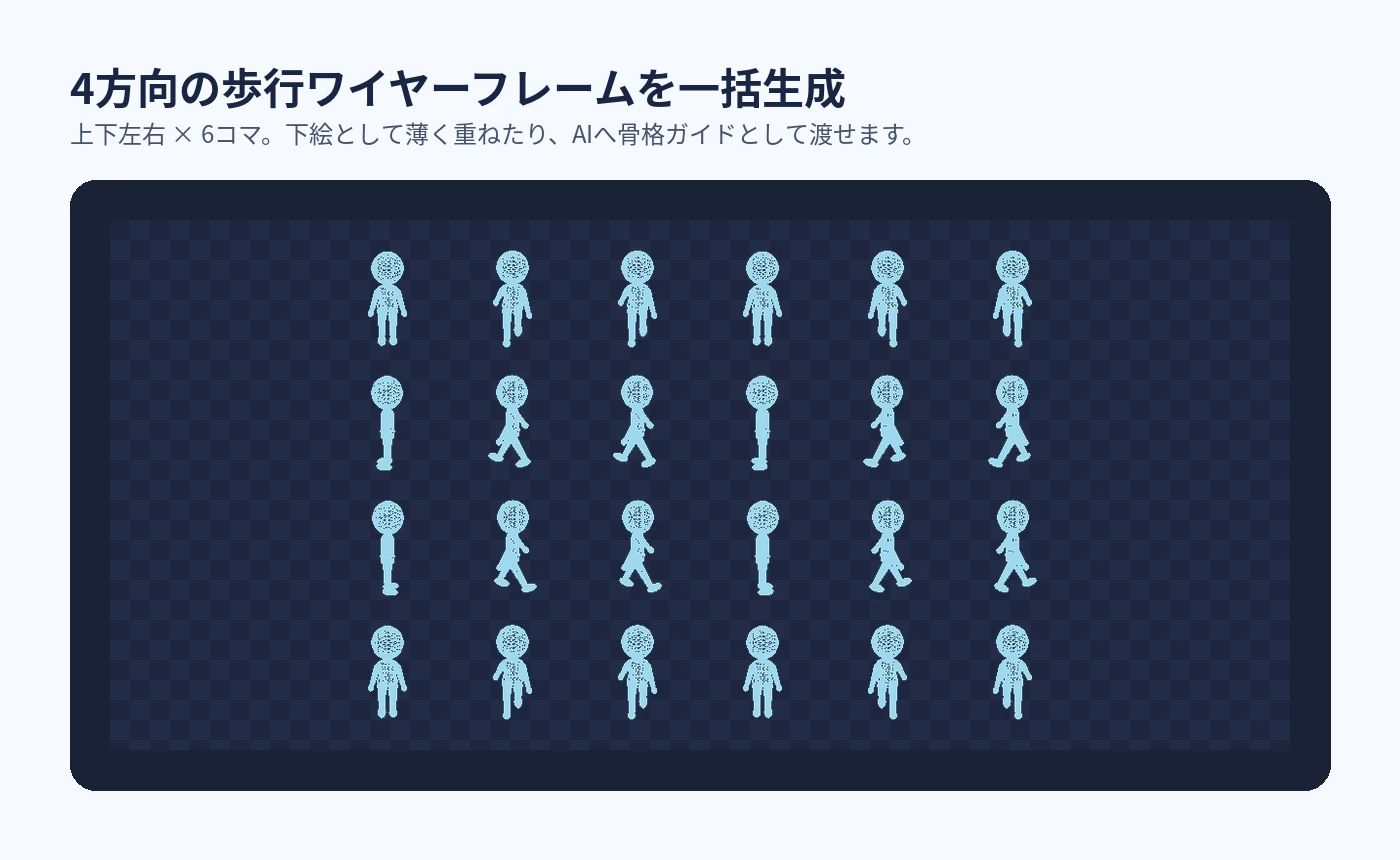 4方向6コマの歩行ワイヤーフレームスプライトシート