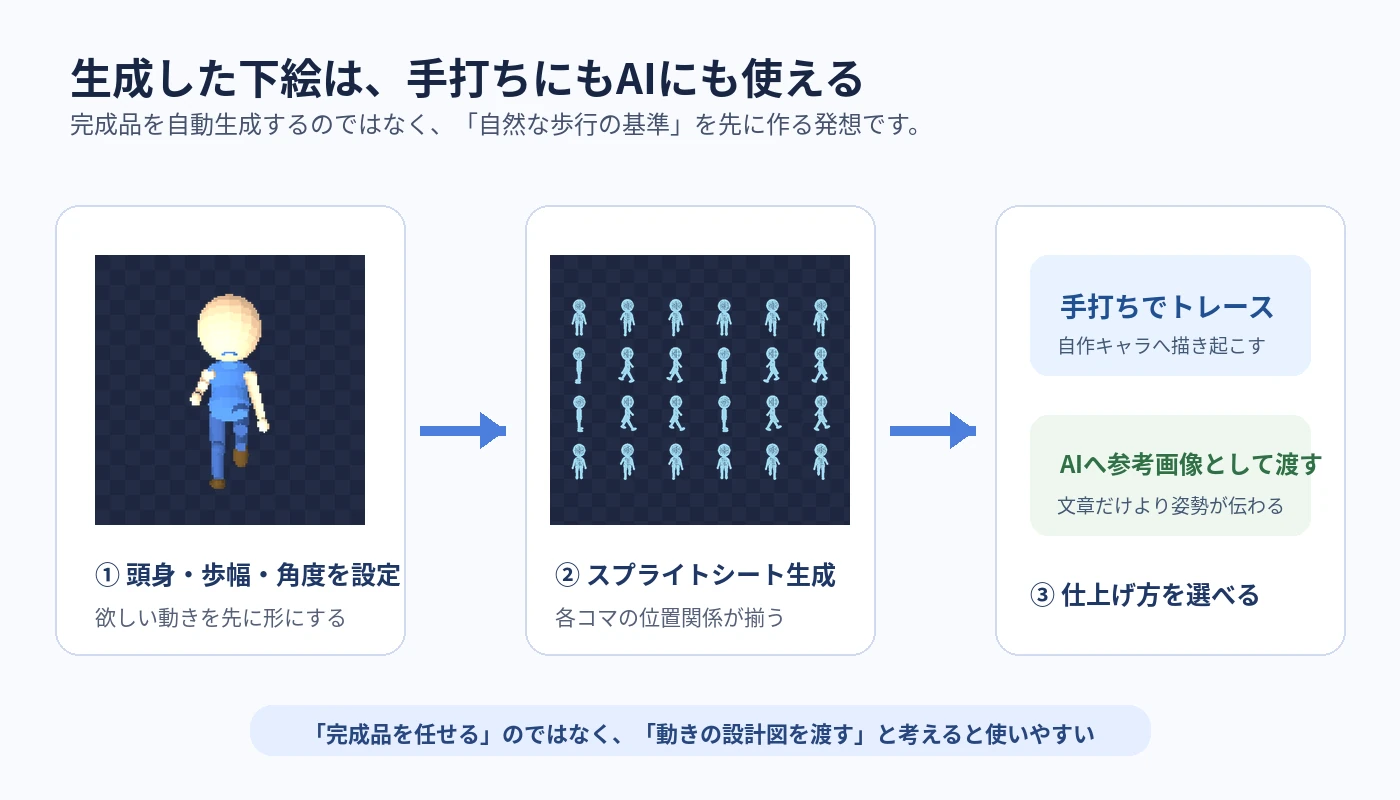 歩行設定からスプライトシートを生成し、手打ちトレースまたはAIの参考画像に使う流れ
